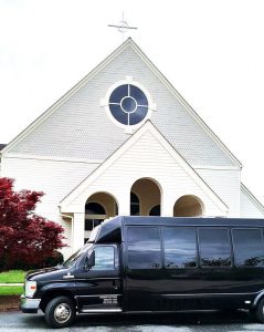 A church with a van in front